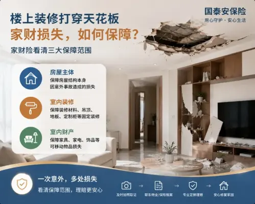 楼上装修一锤打穿天花板，吊顶和定制柜都坏了，家财险到底赔“房”还是赔“装修”？